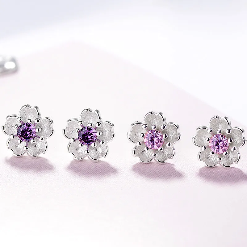 New Handmade 925 Sterling Silver Sakura Flower Purple Pink Rhinestone Stud Earrings For Women Girl Sterling-Silver-Jewelry LE214