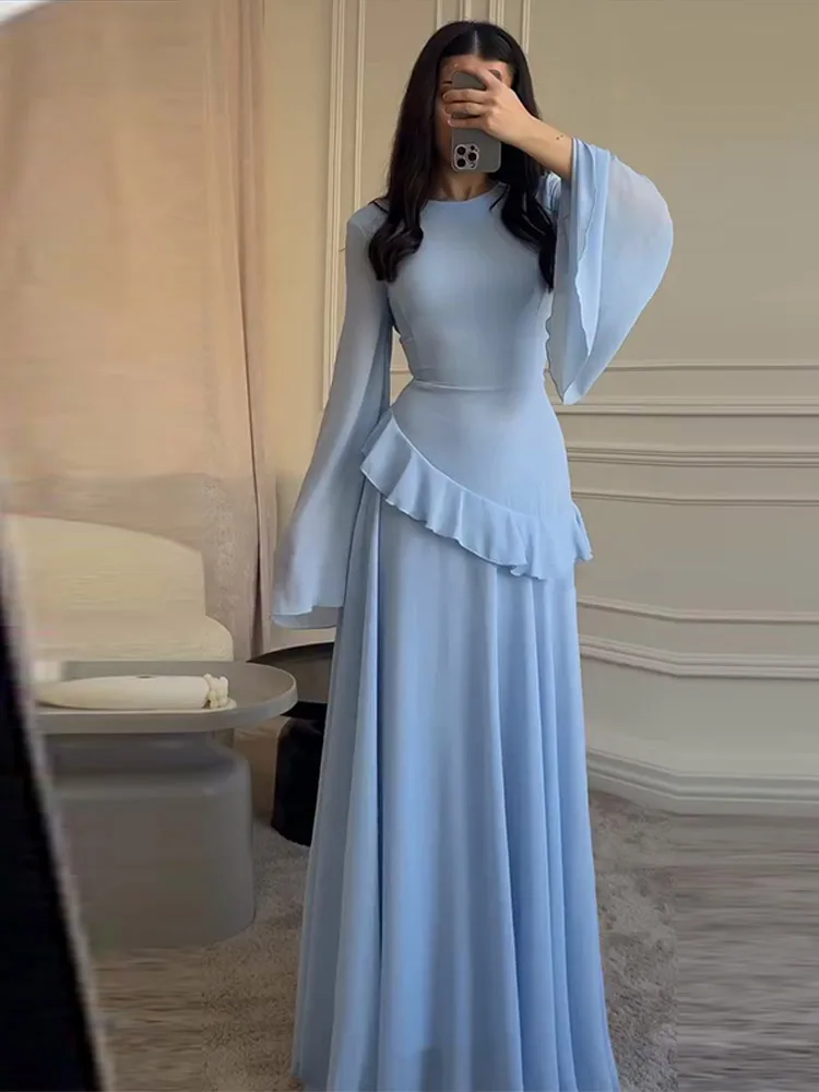 Fashion Flare Sleeve Ruff Long Dress Women Solid O-neck High Waist Slim Pleated Maxi Dresses 2025 Lady Summer Chic Party Robes - AliExpress 200000345 Fashion Flare Sleeve Ruff Long Dress Women Solid O-neck High Waist Slim Pleated Maxi Dresses 2025 Lady Summer Chic Party Robes - AliExpress 200000345