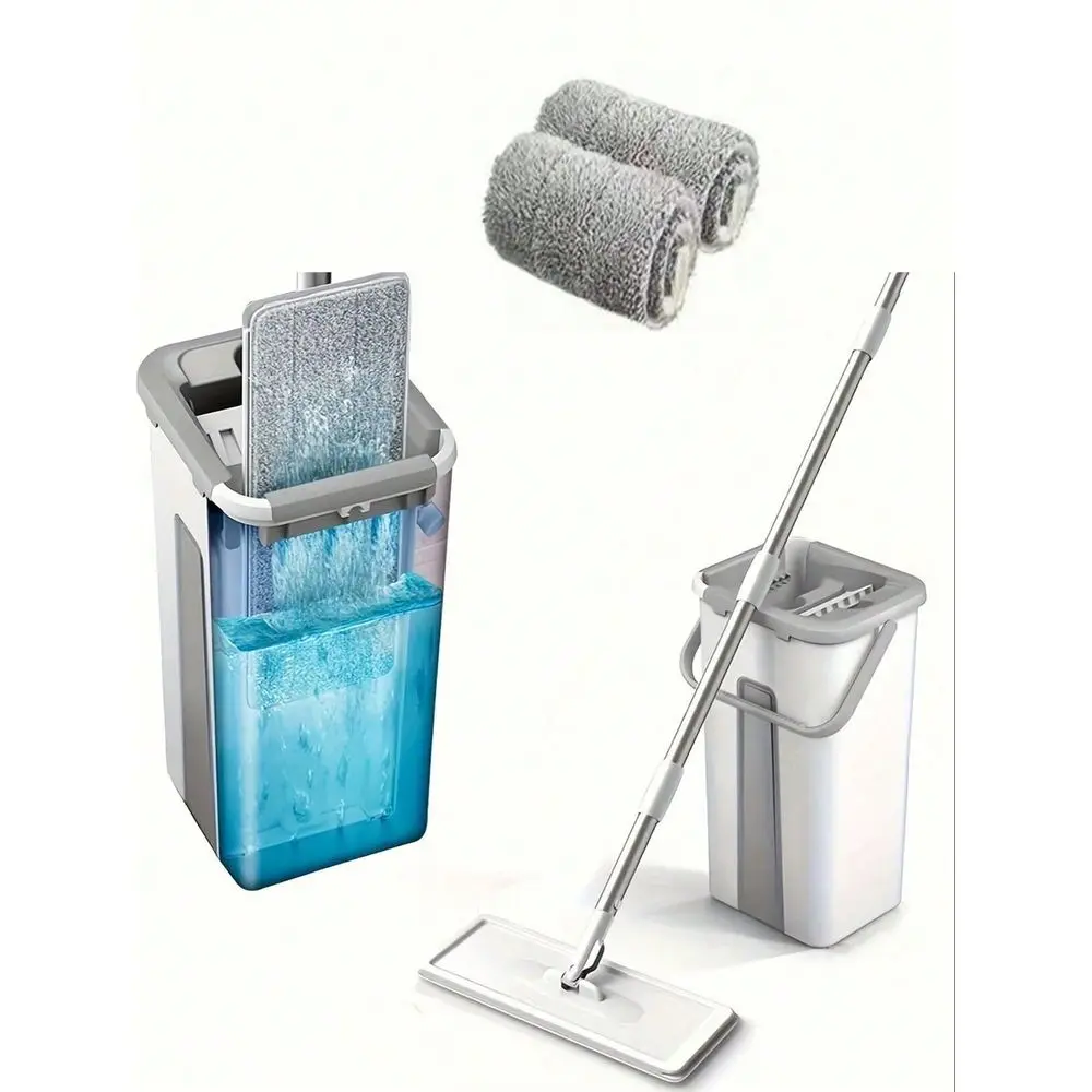 Set Flat Mop Bucket Kit, Includes 2 Microfiber Mop Pads, Easy To Wring, Wet Dry Use, Suitable For Cleaning Laminate, Hardwood,