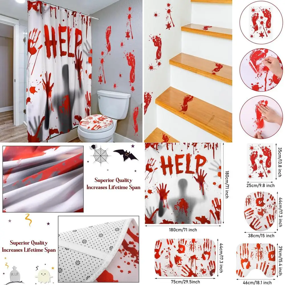 

Halloween Blood-Stained Shower Curtain Set with Horror Bath Accessories, Ghost Wall Decals, and Bath Mat