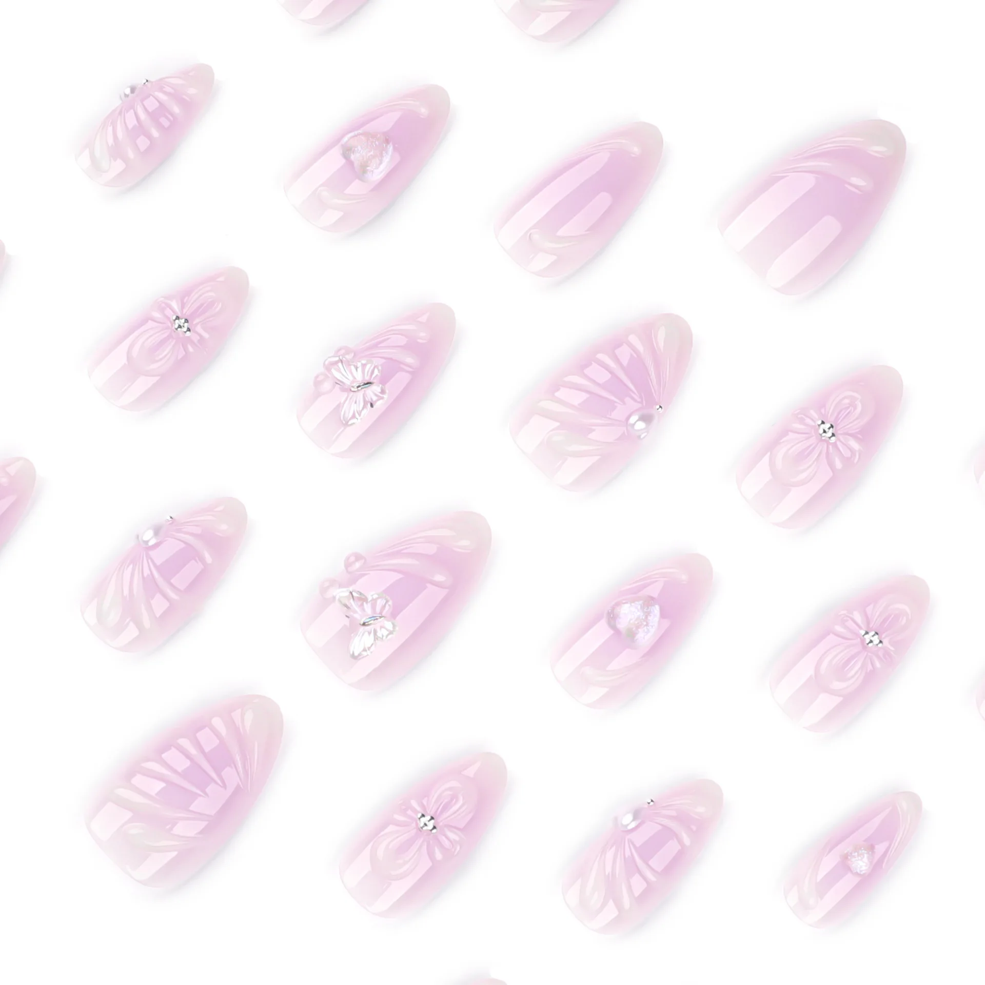 24 Uds. De uñas postizas con diseño de mariposa y flor 3D, especias para niñas, corazón púrpura, prensa en uñas, reutilizables, y2k, puntas de uñas postizas de almendra