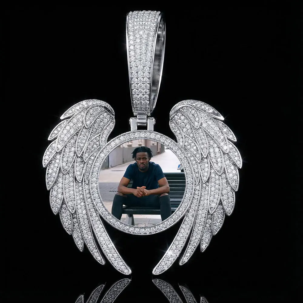 ESKEEM Iced Out Angel Wings Round Memory Photo Pendant Hip Hop Personalized Diy Picture Pendant Necklace for Man Women