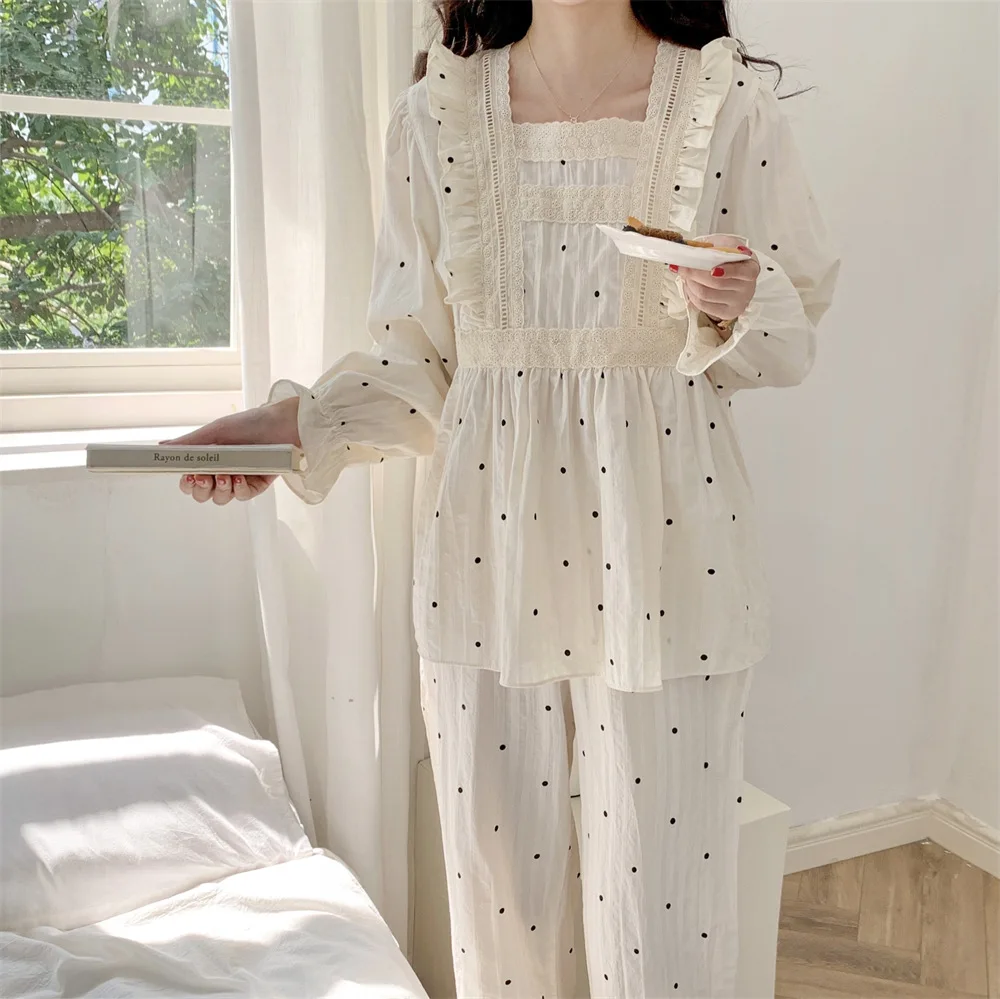 2 PCs/Set Spring Autumn Pure Cotton Postpartum Breastfeeding Lace Print Maternity Nursing Clothing Pregnant Women Pajamas Suit view 3
