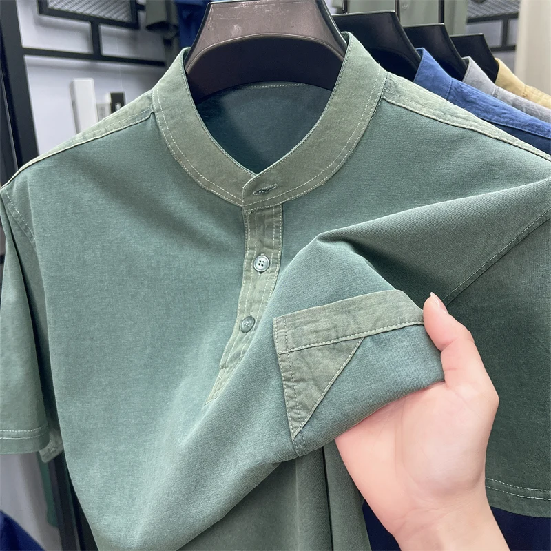 

Men's 100% Cotton Henley Collar Chest Pocket Short Sleeve T-shirt Summer Business Casual Breathable Soft Wash Comfort Menswear