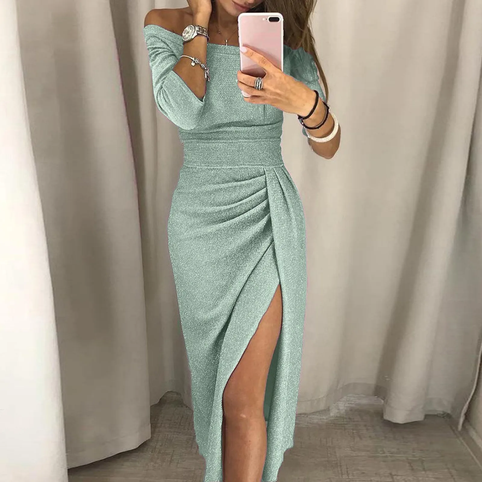 

Sexy Shiny Party Dress Women High Slits Slim Fit Strapless Fashion Dress Fashion Long Sleeve Pleated Dresses Wedding Gowns Xmas