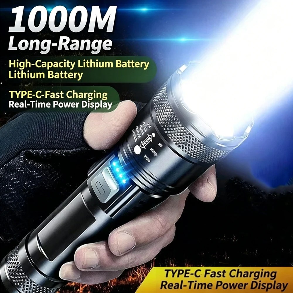 Super Bright 2000LM LED Tactical Flashlight Type-C Rechargeable Torch Power Indicator Zoom LampCamping Fishing Emergency Hunting