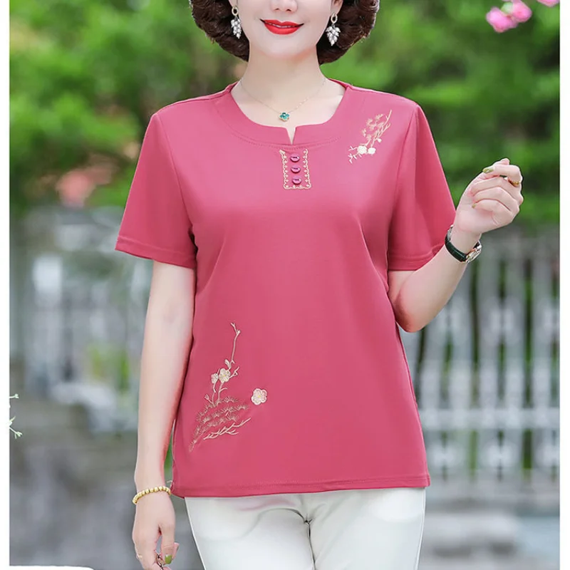 New Summer Women\'s Solid Colors O-Neck Short Sleeve Loose Plus Size Classic Embroidery Pullovers Vintage Fashion Casual Tops