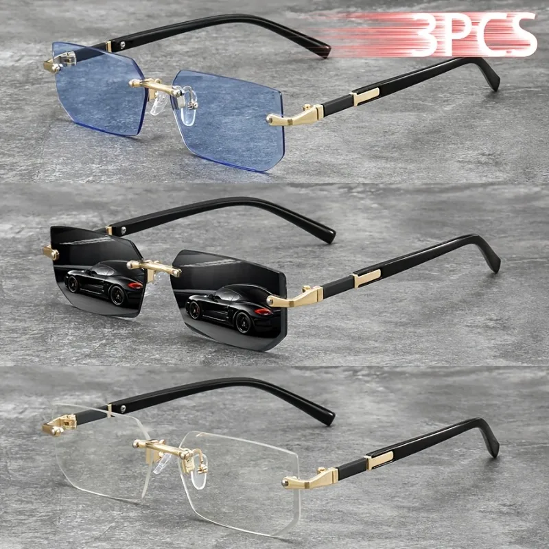 

3 пары модных безрамочных очков, подходящих как мужчинам, так и женщинам, с цветными линзами, подходящими для вождения.