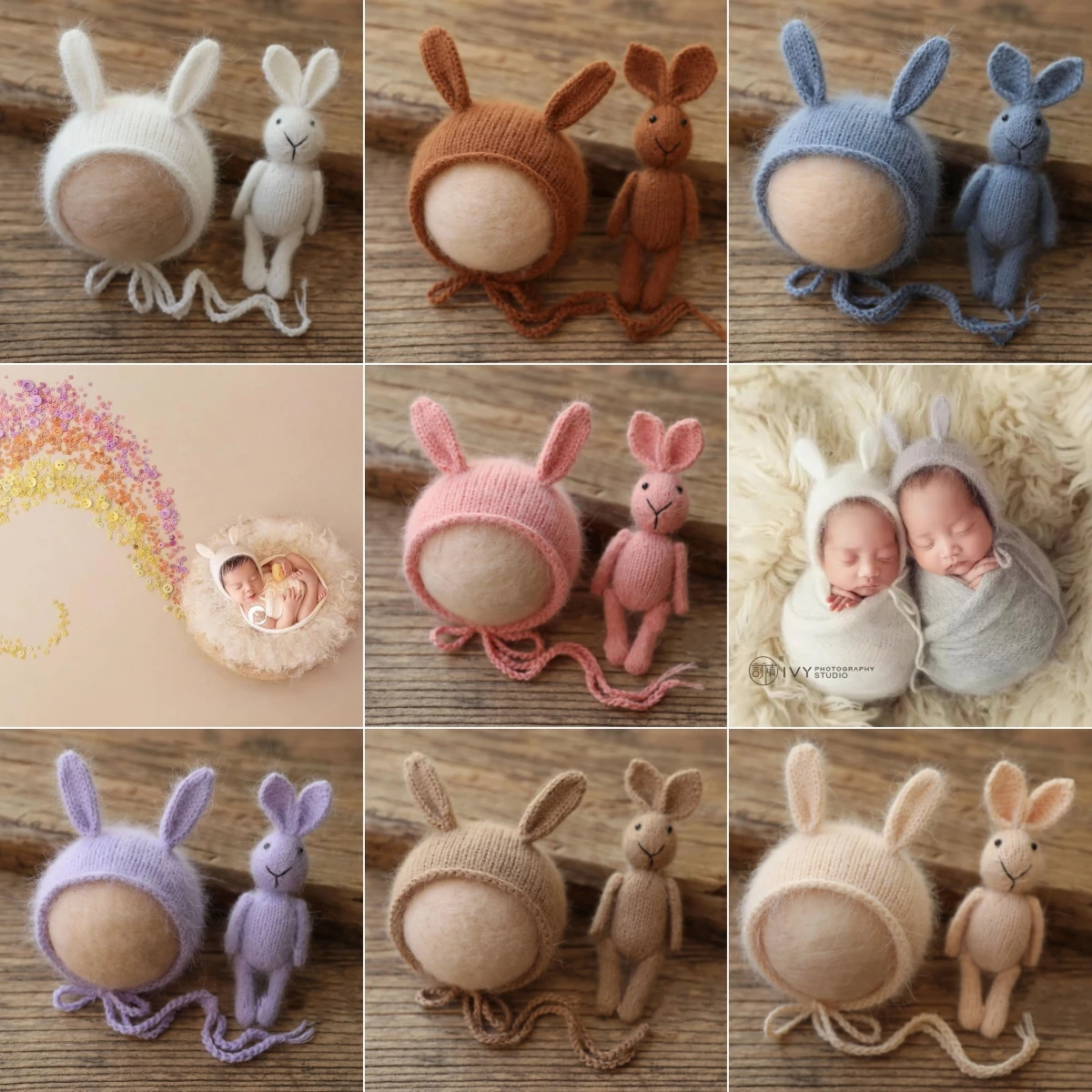 Newborn Photography Props for Baby Cute Handmade Rabbit Hat Bunny Doll 2pcs Set Fotografia Studio Photo Shooting Props Accessory