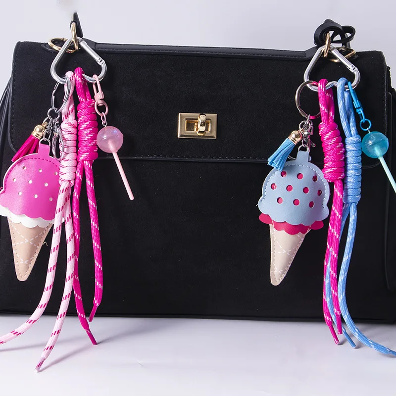 Women's Pendants Niche Leather Ice Cream Chains Pink Color Simple Fashion Funny Pendants Pendants Mini Lollipop Buns New Car Key
