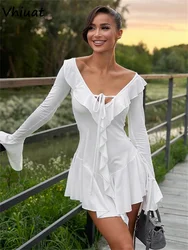 Vhiuat White Ruffles Long Flare Sleeve V Neck Slim Mini Dresses For Women 2024 Autumn Fashion Elegant Sexy Short Party Dress