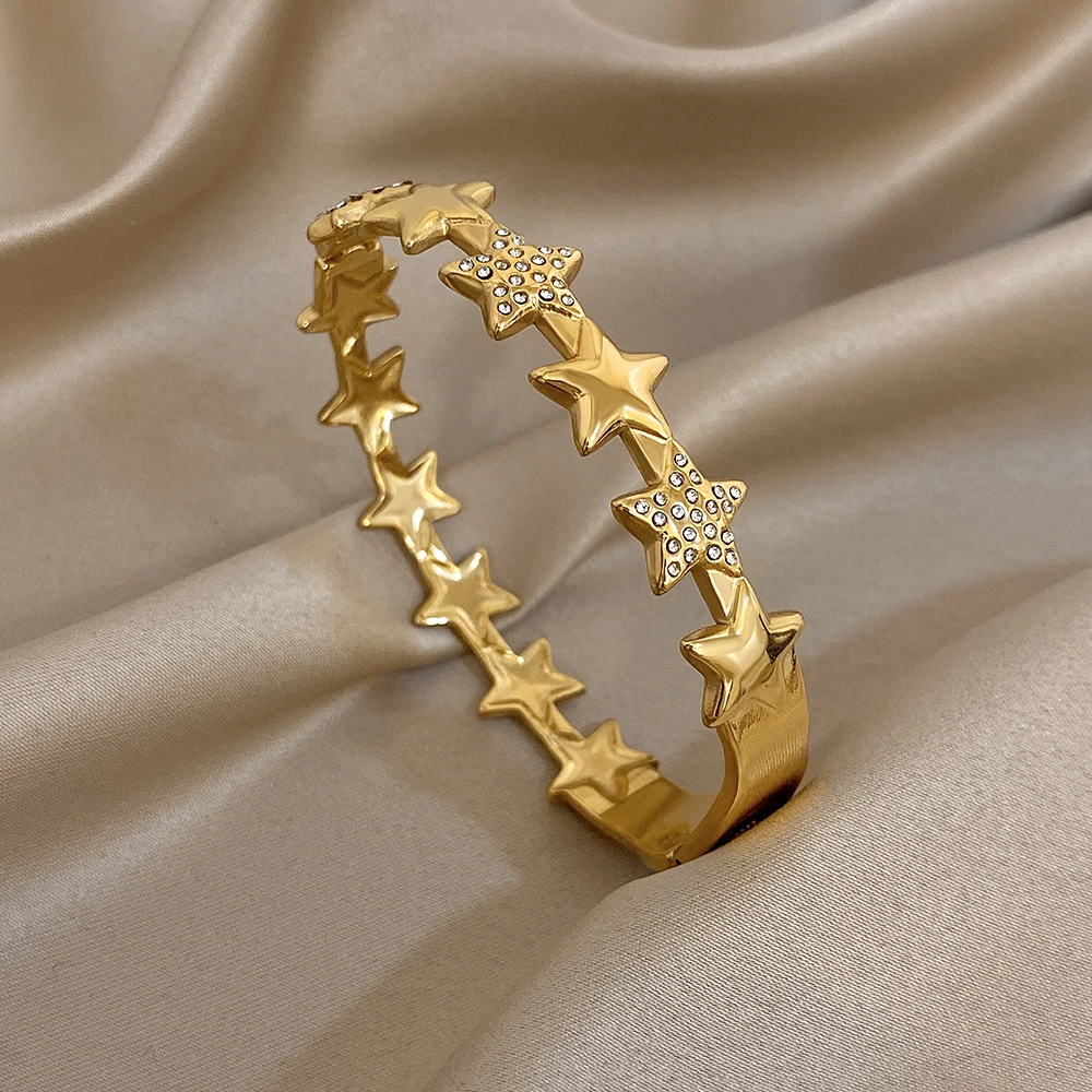 

Freetry Fashion Waterproof Stainless Steel Bracelet Women Creative Rhinestone Star Gold Color Open Bangle Bracelet Jewelry Gift