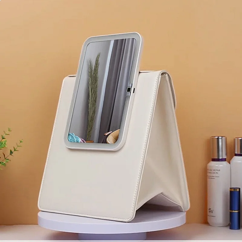 Portable Foldable Bronze Finish LED Light-Up Single-Sided Makeup Mirror with Soft PU Frame Desktop Style