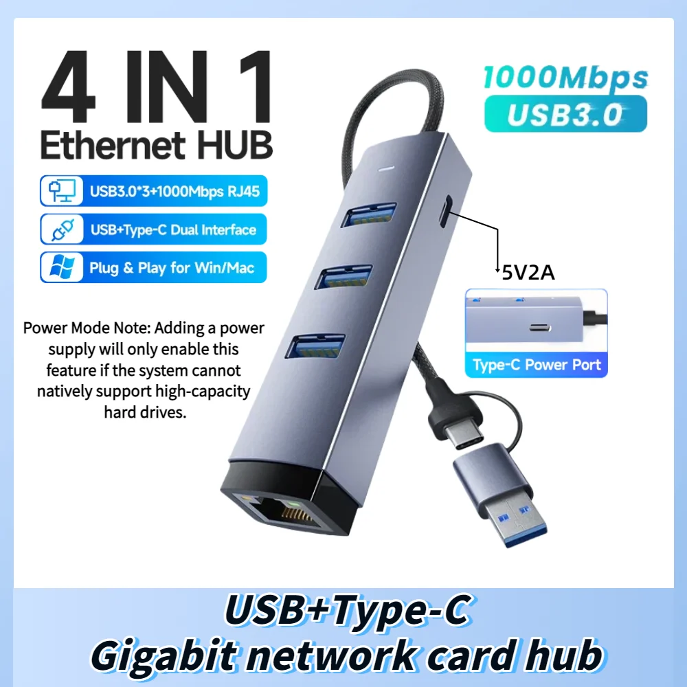 MZX Gigabit USB 3.0 Hub Adapter to 1000Mbps RJ45 Network Card 1G Ethernet Type A C PC Laptop Computer Accessories for MacBook