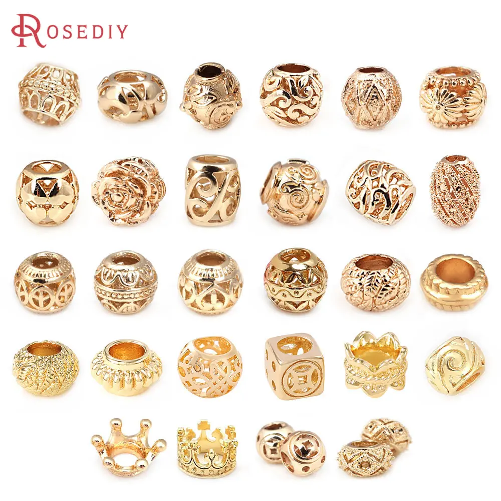 18K Gold Color Large Hole Beads Round Ball Circle Spacer Beads Crown Charms Pendants Diy Jewelry Making Accessories for Women