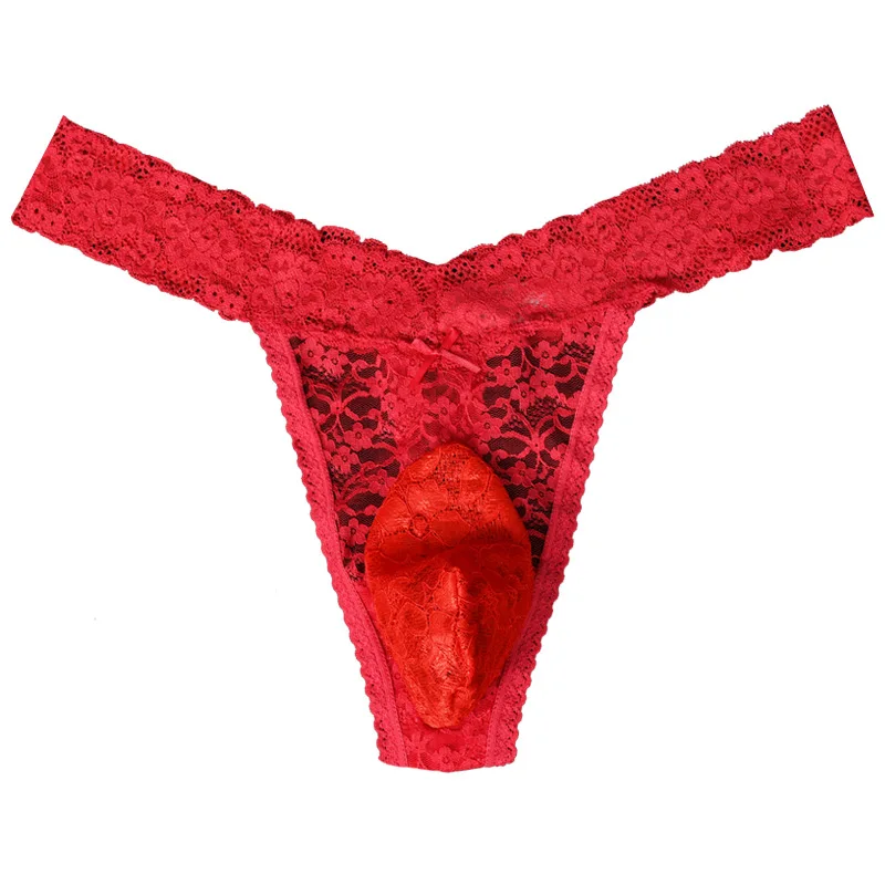 Mens Sexy Thong Underwear Low Waist T Back Lace Panties Erotic Briefs Breathable Pouch Lingerie Plus Size