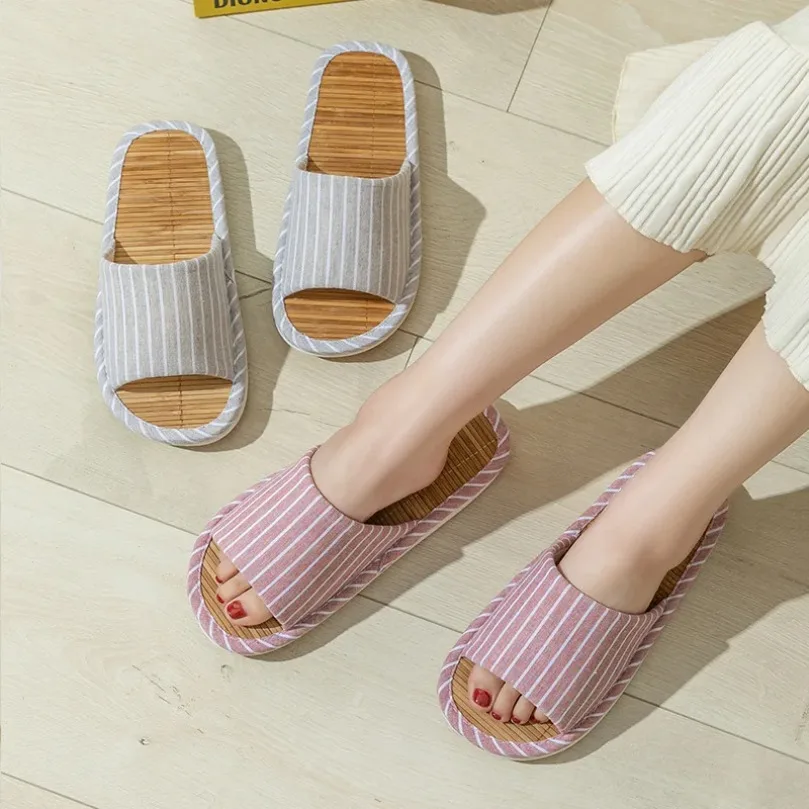 

House Slippers Bamboo Women Striped Autumn Home Couples Indoor Non Slip Funny Sandals Shoes Male Soft Flat Summer For Tatami