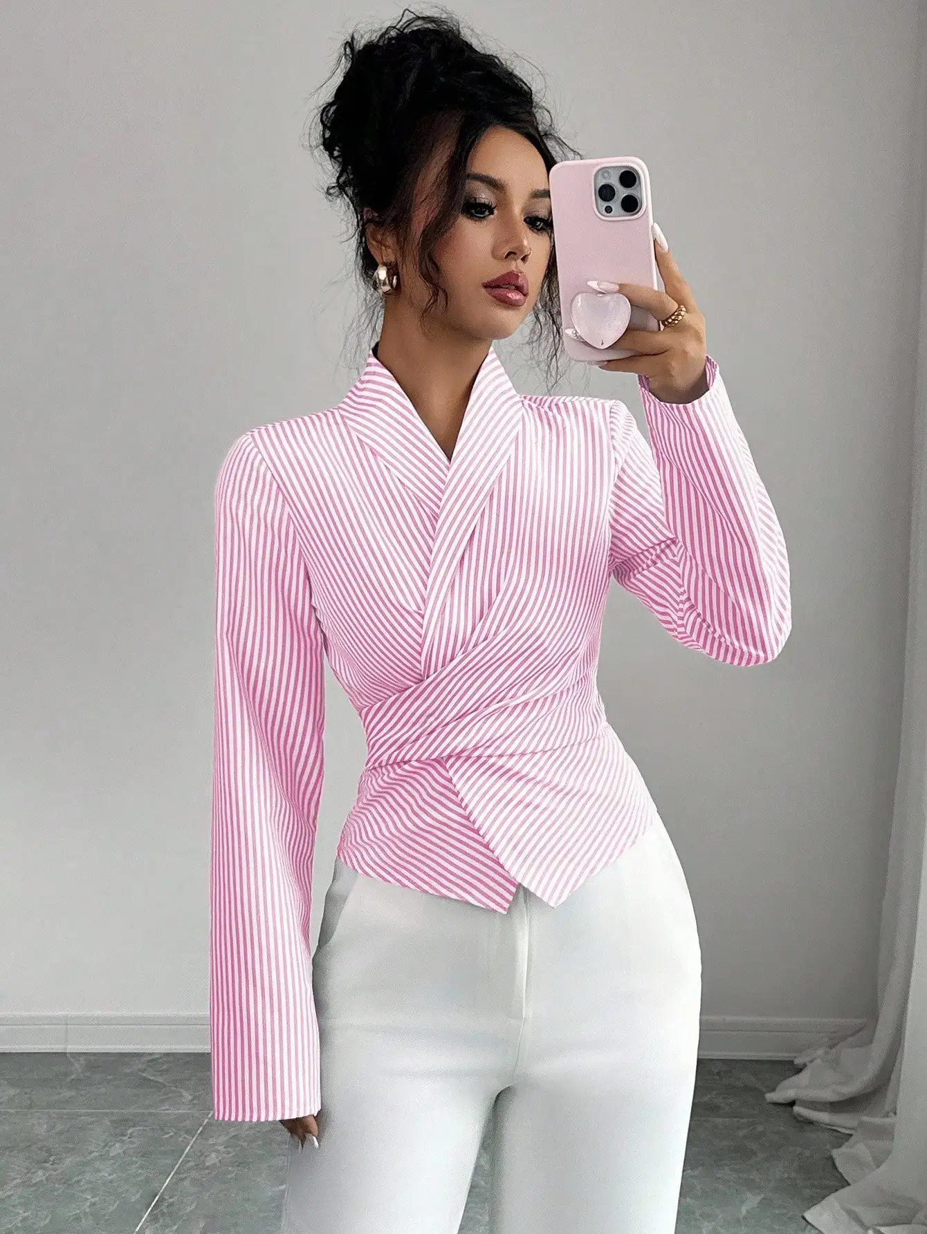 

Women's Cross Front Wrap Long Sleeve Asymmetrical Hem Striped Blouse