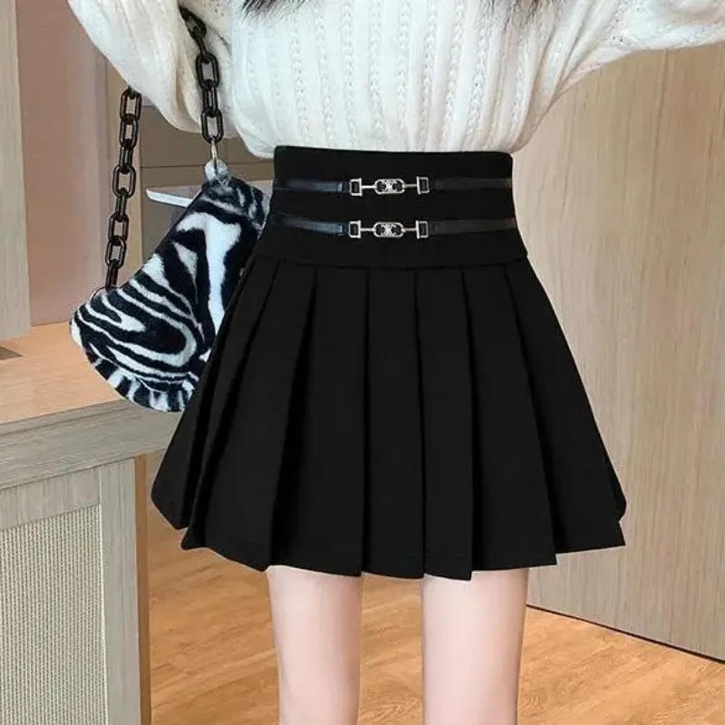 Women's High Waist Pleated Mini Skirt A-Line Anti-Glare Suit Skirt with le Straps