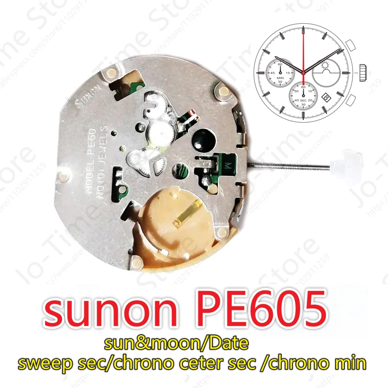PE605 การเคลื่อนไหว Sunon Pe60 นาฬิกาควอตซ์การเคลื่อนไหวกวาดวินาที Chronograph Chrono Center วินาที/Chrono Min/วันที่/Sun & Moon