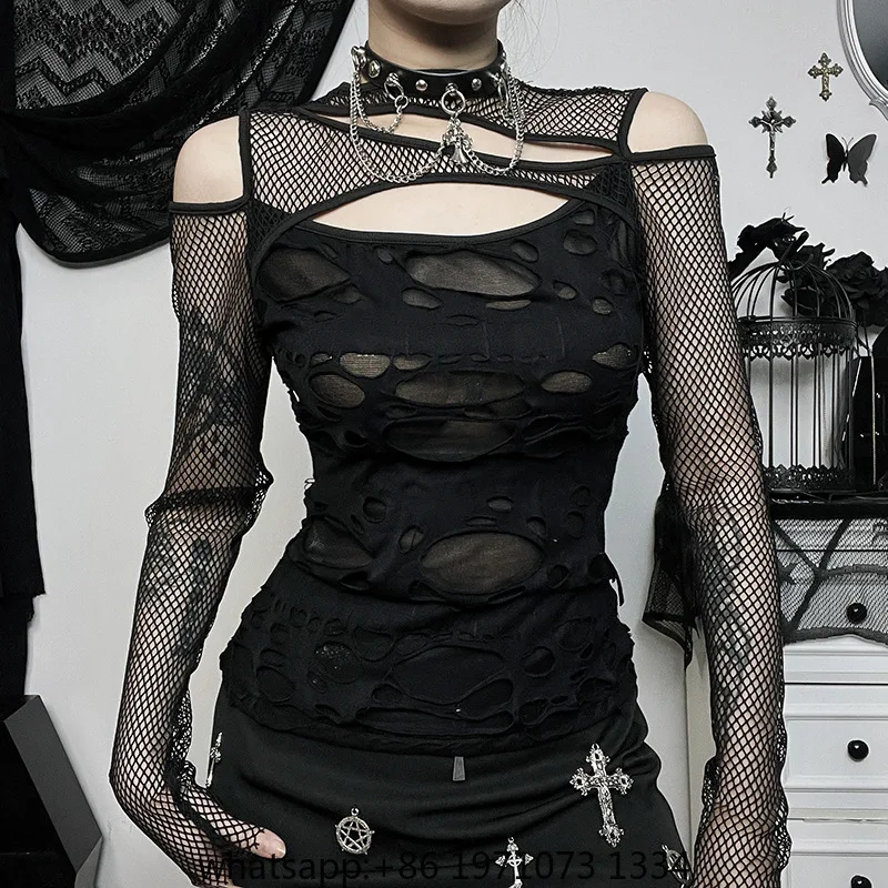 Goth Dark Frayed Mall Gothic Hollow Out T-shirts Grunge Punk Fishnet Patchwork Women Blouses Sexy Long Sleeve Alt Streetwear Top
