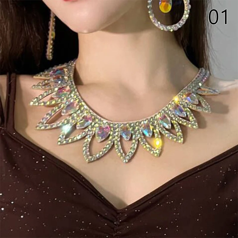 Vintage Luxury Rhinestone Drop Necklace Queen Shining Jewelry Boho Accessories for Women Belly Dance Necklace Earring Set