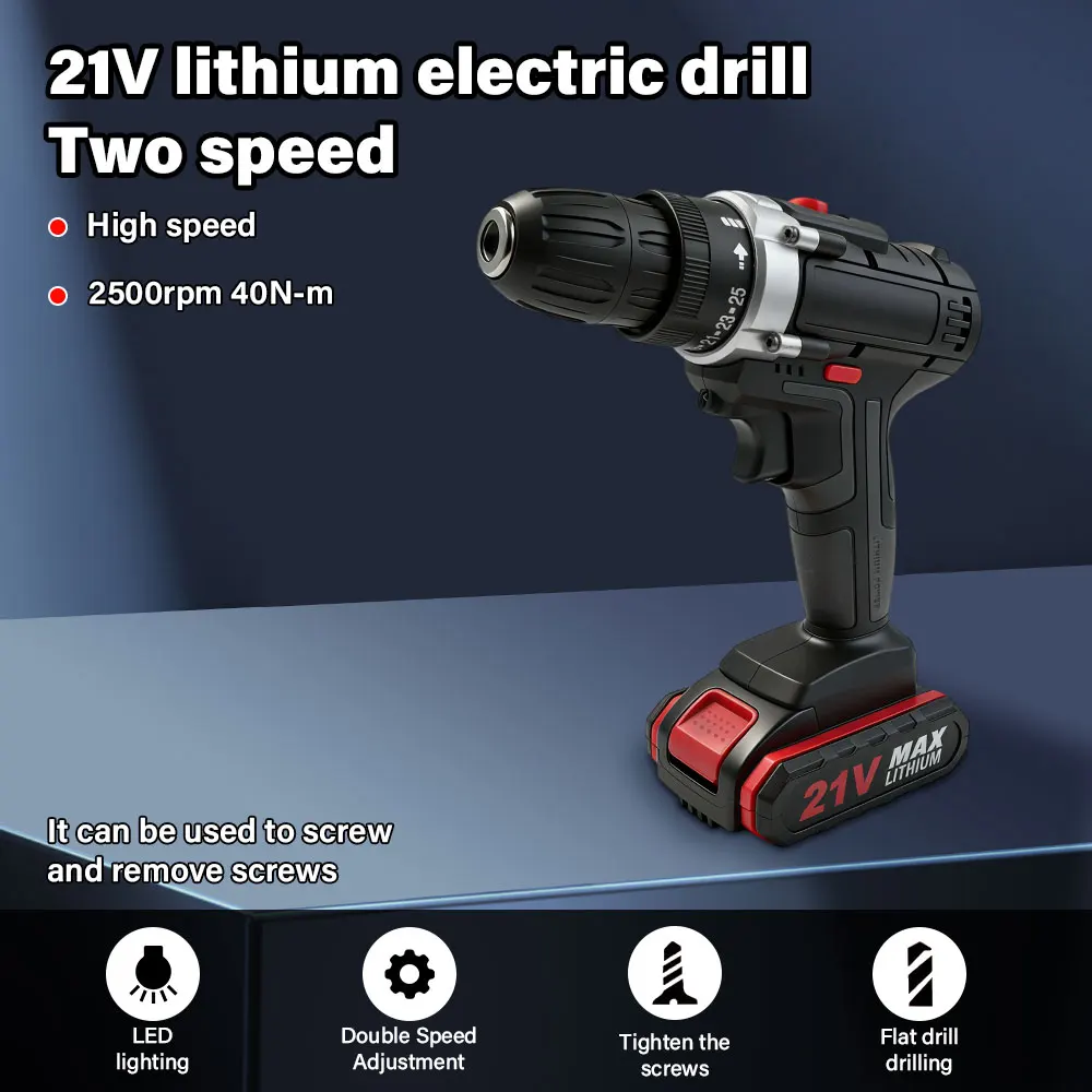 

21V Lithium Battery Electric Impact Drill Cordless Design with 2 Speed Settings - Professional Power Tool for DIY Home Projects