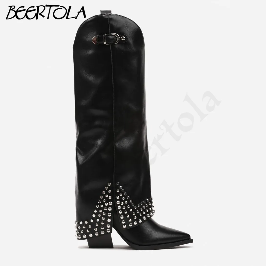 Women\'s Wedge Heel Belt Buckle Trouser Boots Pointed Toe Large Size Personalized Rivet Decoration Large Size Knee-High Boots