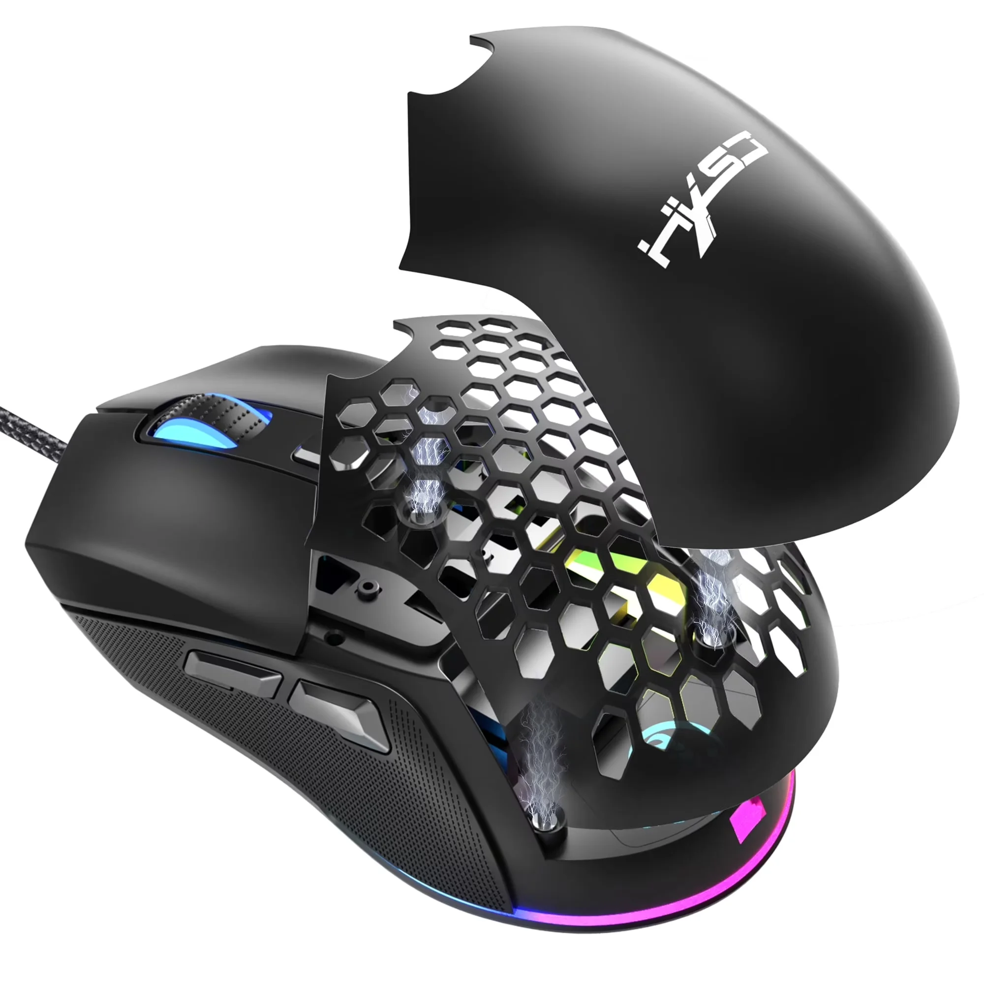 High Sensitivity RGB Gaming Mouse 7200CPI USB Wired Braid Cable Replaceable Back Cover