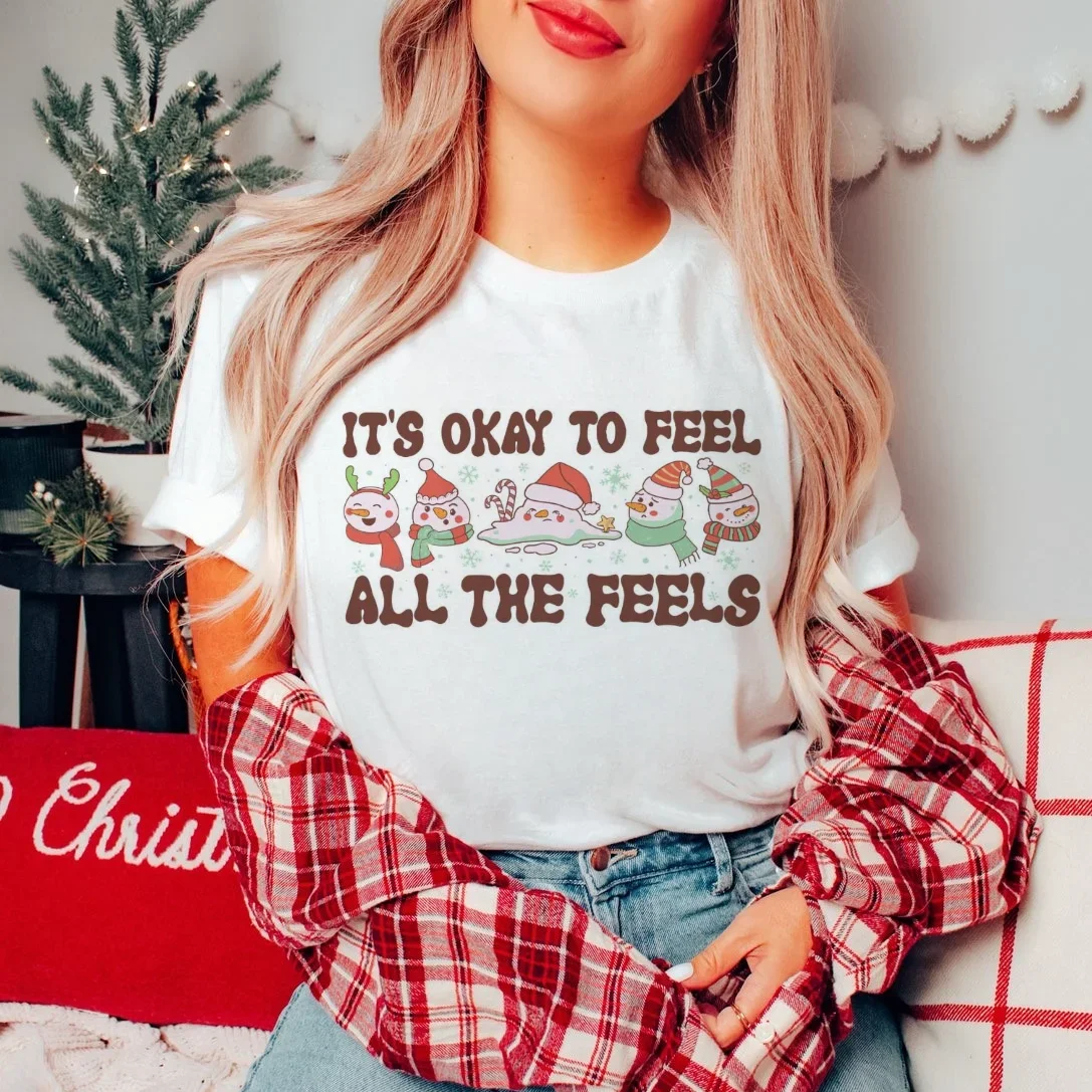 Okay To Feel All The Feelings Mental Health Pattern Women's Casual O-Neck T-Shirt Cute Top Short Sleeve Printed New Fashion T-Sh