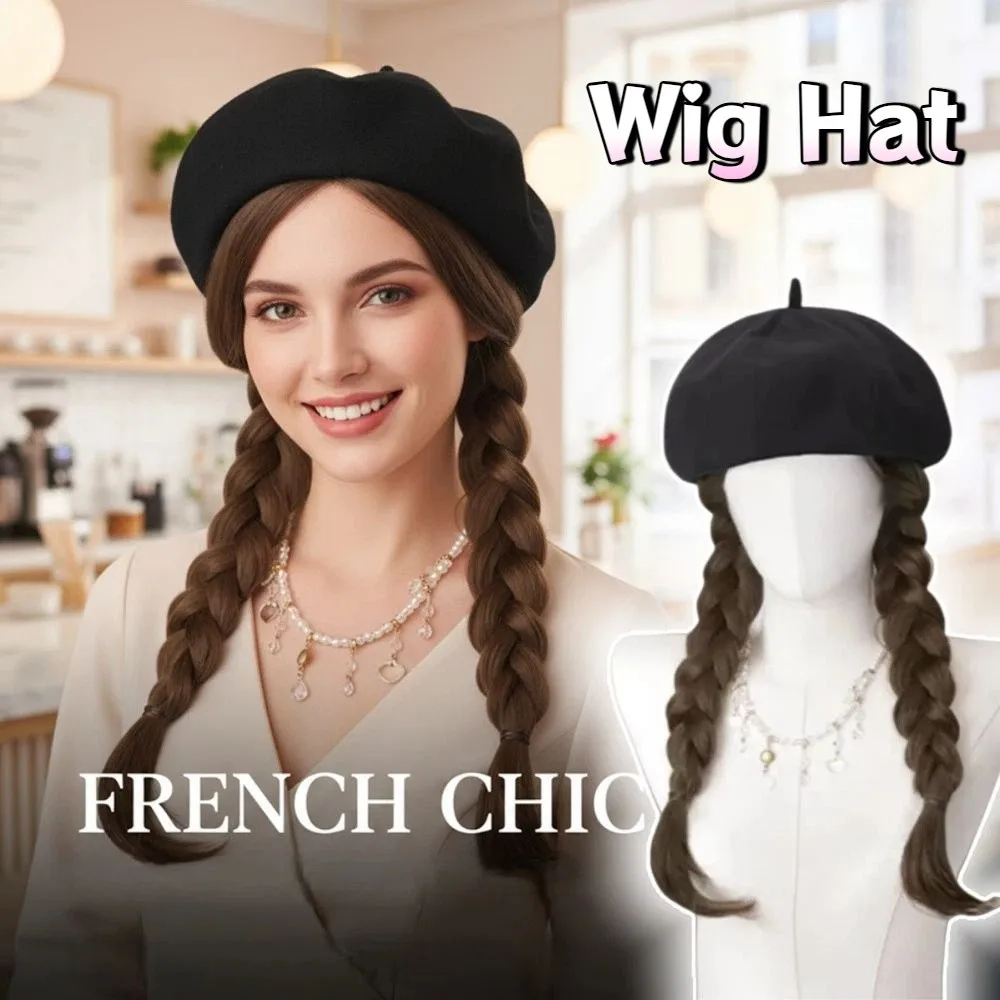 

Fashionable Long Curling Hair Wig Hat Braided Design Detachable Wig Beret All-in-one Lifelike Double Braid Wig Cap Women