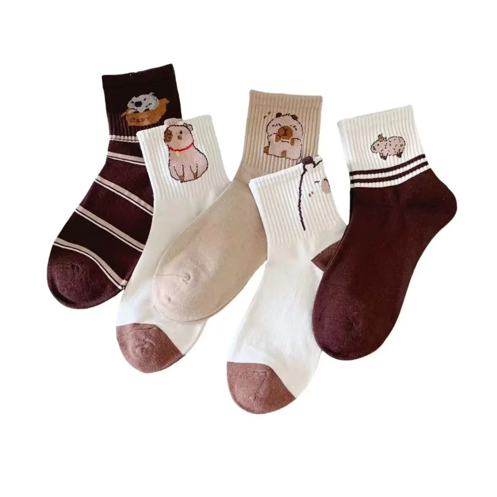 5Pairs Breathable Mid-calf Capybara Socks Cute Patchwork Cartoon Socks Cotton Stripe Tube Socks Women Winter