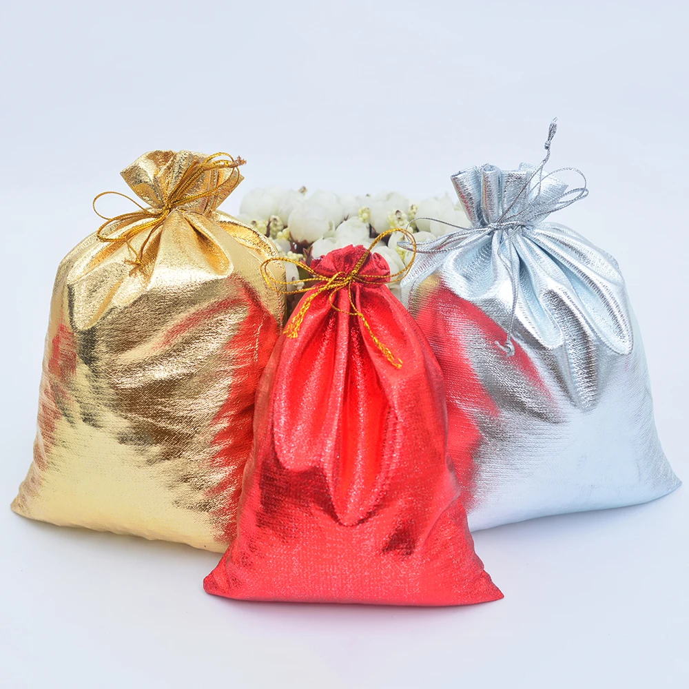 Multiple Size Gold Red Silver Drawstring Cloth Bags 50Pcs For Christmas Wedding Party Decoration Graduation Gift Packaging Pouch