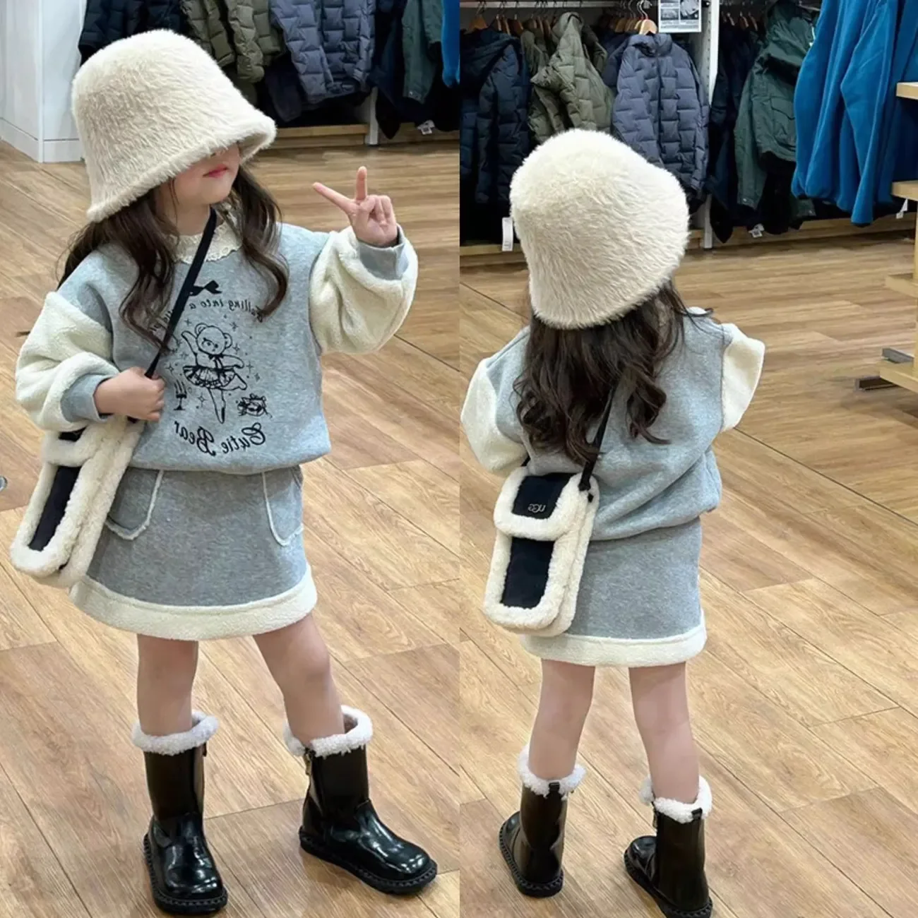 

Fashion Kids Girls Princess 2pcs Clothes Set Autumn Winter Children Gray Cartoon Plus Velvet Coat Outwear Jacket+Skirts Suits