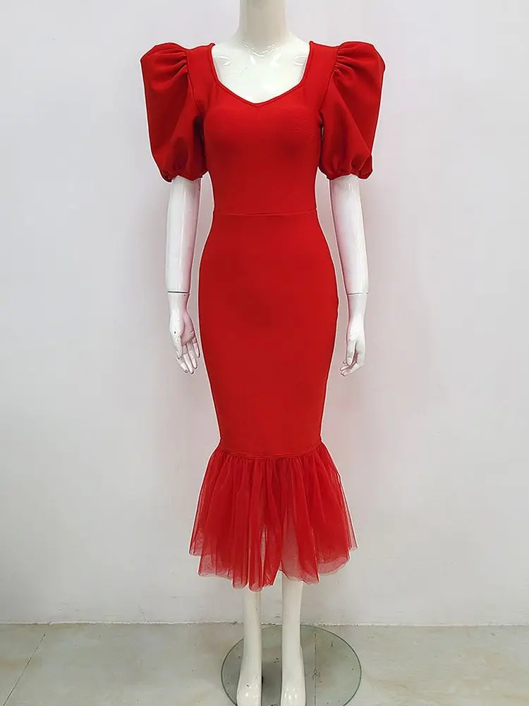 Robe de soirée à manches bouffantes pour femmes, tenue de soirée rouge, Sexy, moulante, col en V, mi-longue, style sirène, élégante, été, 2023