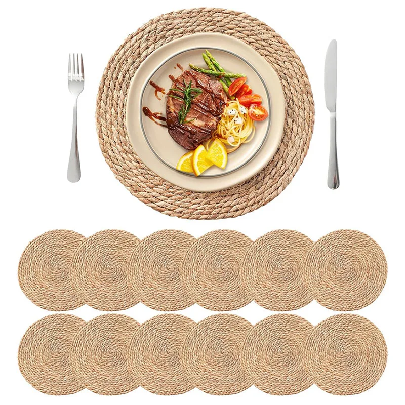 4/8/12pcs Round Woven Placemats Set Boho Rattan Placemat Natural Placemats 12Inch Farmhouse Weave Straw Braided Table Dinner Mat