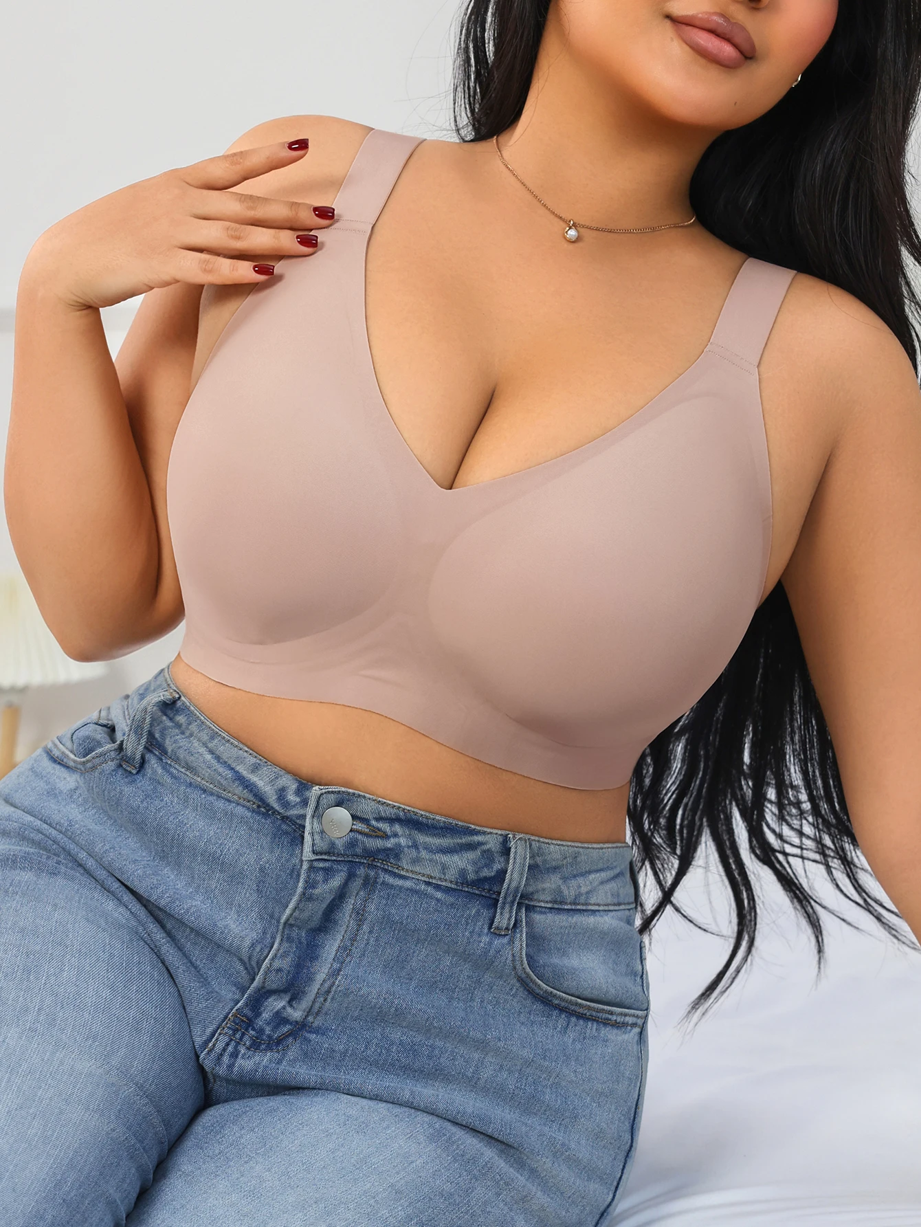 Plus size seamless jelly gel solid color full coverage anti splash anti sagging bra, super large comfortable high elastic underw image 5