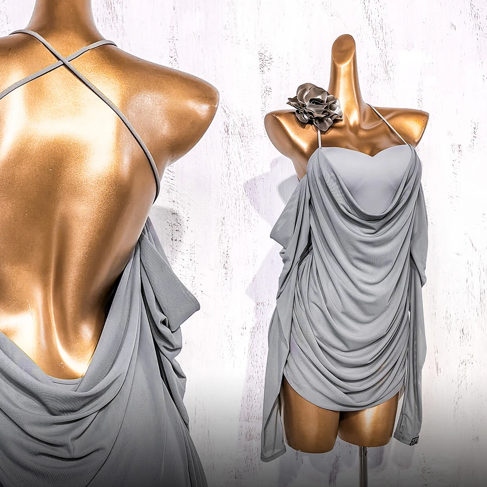 

Серое женское новое латинское платье для соревнований с длинными рукавами и открытой спиной, сексуальное платье для косплея на бретельках для самбы