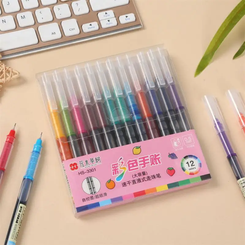 12 สี/ชุดนักเรียนโรงเรียนเครื่องเขียน Office Fine Nib ปากกาเจลหมึกขนาดใหญ่ความจุปากกาลูกลื่นตรง Liquid Rollerball ปากกา