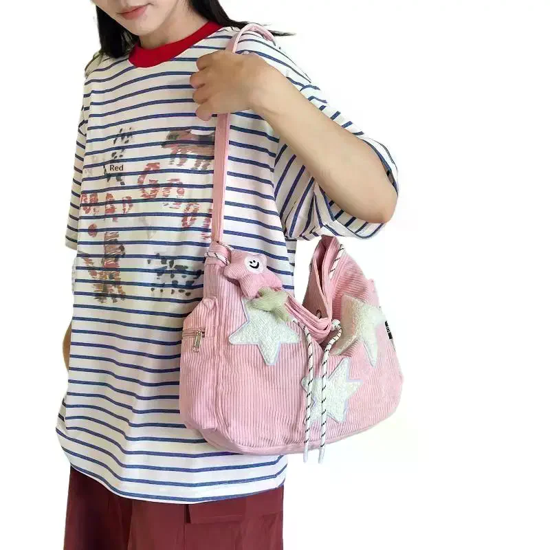 Cute Machine Washable Corduroy Shoulder Bag Large Capacity Commuting Tote Crossbody Bag for Students Office Workers