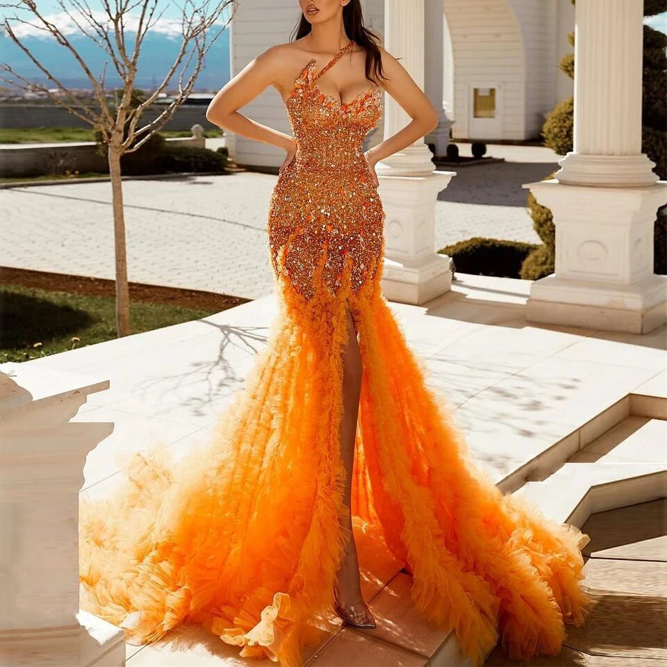 

Sexy Orange Evening Dress Sequiend Crystal Side Split Sleeveless Tulle Sweep Train Special Occasion Prom Party Vestido