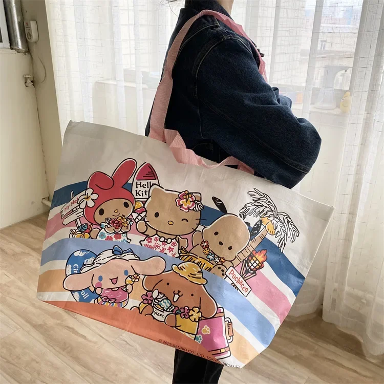 Sanrio-Bolso de lona de Hello Kitty para mujer, bolsa de lona ecológica de gran capacidad, bolsos de un solo hombro, bolsas de tela para compras,