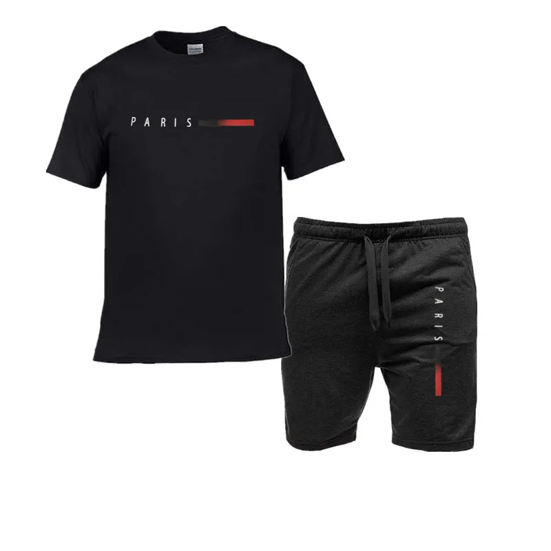 

Men's 100% pure cotton summer loose Paris creative letter printed casual slim fit round neck short sleeved T-shirt top+shorts
