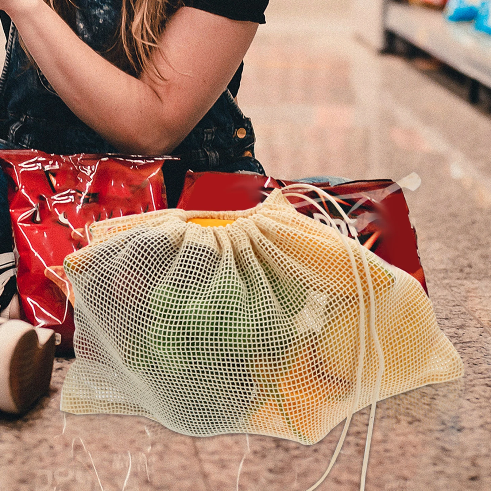 

6 Pcs Cotton Mesh Bags for Fruits Vegetables Storage Beige Drawstring Lightweight Reusable Shopping Tote Container