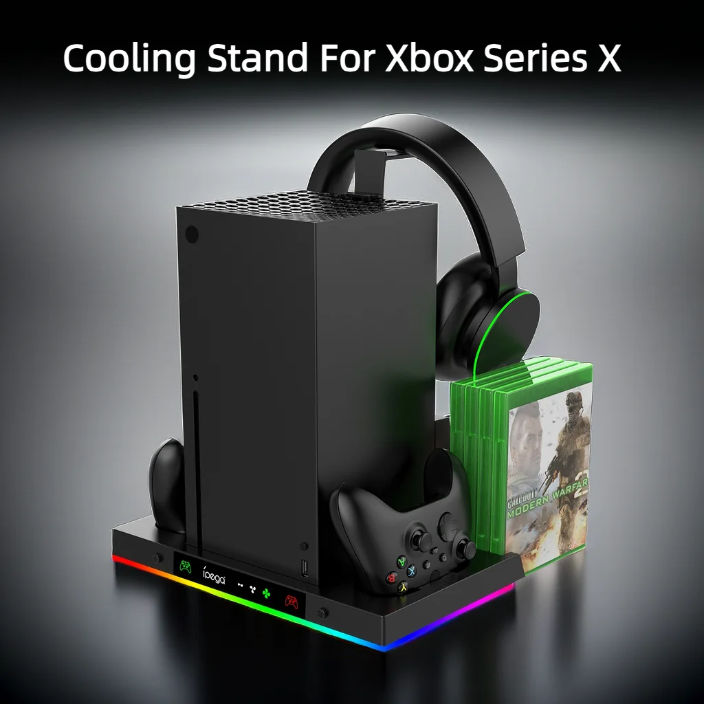 For Xbox Series X Cooling Stand Controller Gamepad Charge Seat For XBX With Headphone Hook And Game Discs Card Slot RGB Light Do