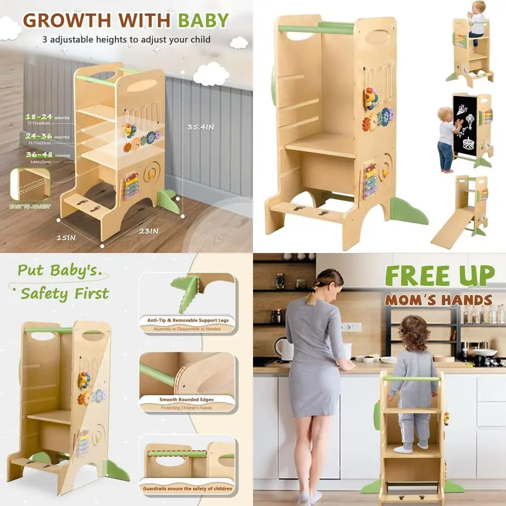 

Montessori Toddler Kitchen Tower, 3-Height Adjustable Stool with Chalkboard for Counter Learning