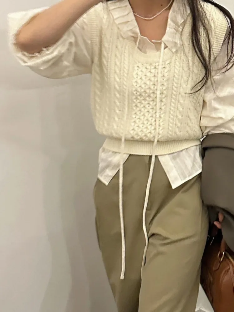 เสื้อกั๊กไหมพรมถักลายสปริง ดีไซน์เกาหลี ทรงหลวม ยาวปานกลาง แฟชั่นสำหรับผู้หญิง คอกลม ใส่ซ้อนชั้นได้