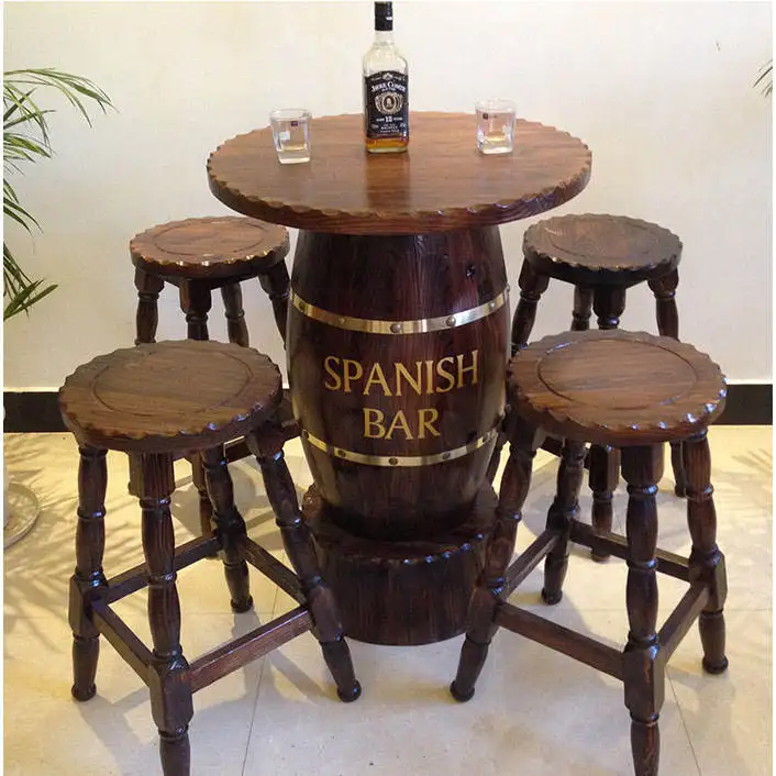 # Vintage Outdoor Backyard High Counter Wooden Beer Wine Barrel Bar Table And Stools Unit