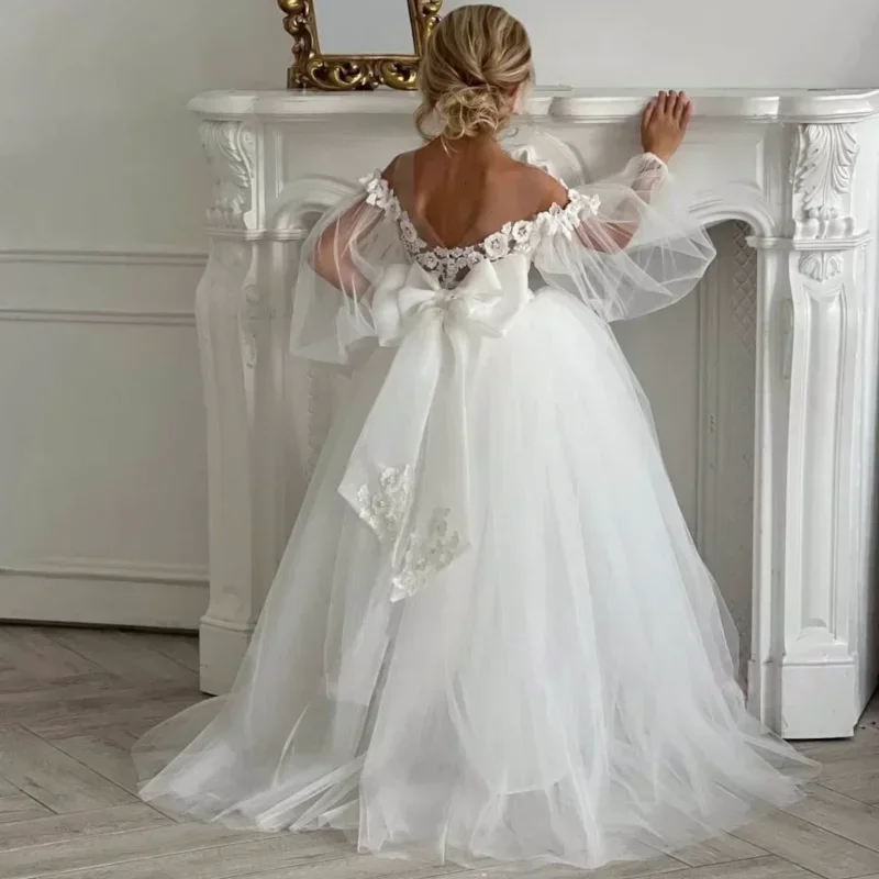Vestidos de flores para niña, vestidos de primera comunión para fiesta de cumpleaños, tul blanco, patrón de flores hinchadas con lazo, manga larga para boda