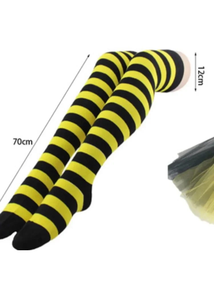 زي النحل مع جوارب طويلة لتدفئة الساق مخططة بالنحلة، جوارب عالية للركبة، نظارات شمسية على شكل نحلة وقفازات طويلة لحفلات الهالوين